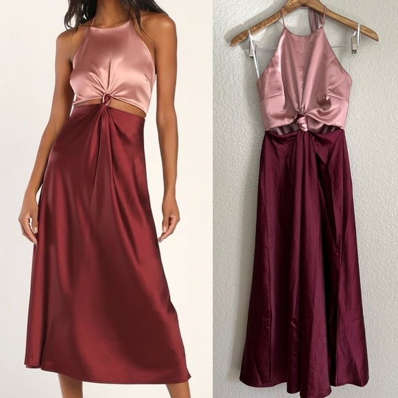 Icon Update Burgundy Color Block Knotted Halter Midi Dress - Picture 1 of 8
